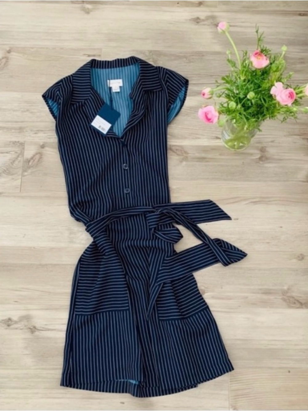 NWT Gant Navy Pinstripe Sleeveless Tie-Waist Dress XS - Picture 5 of 6